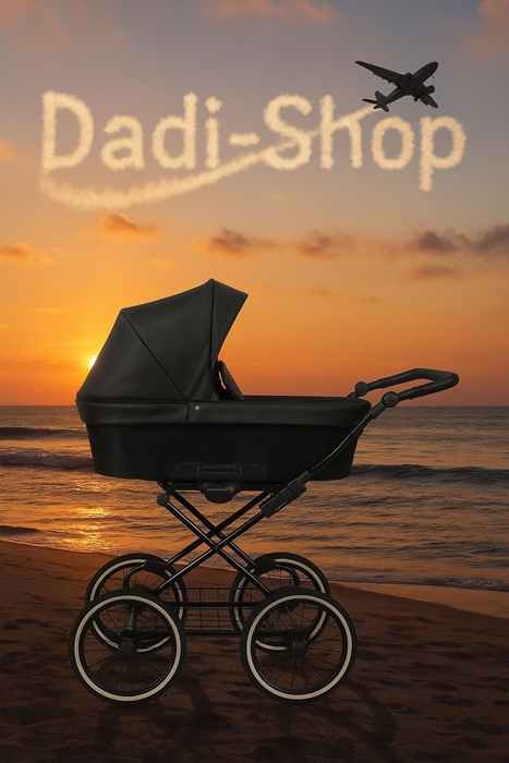 Zdjęcie przedstawia czarny wózek dziecięcy Kunert Romantic na plaży o zachodzie słońca, z napisem "Dadi-Shop" napisanym smugą w niebie i samolotem w tle.